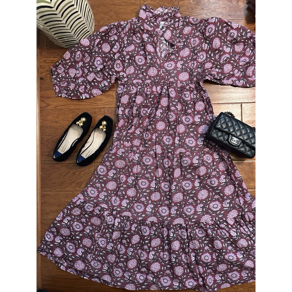 TMC Womens Block Print Floral Tiered Midi Dress XS Purple Cotton Ruffle Neck